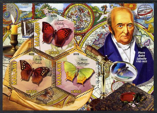 Malawi 2012 Butterflies & Entomologists - Pierre Andre Latreille perf sheetlet containing 3 hexagonal shaped values unmounted mint , stamps on personalities, stamps on butterflies, stamps on hexagonal, stamps on shaped, stamps on telescopes