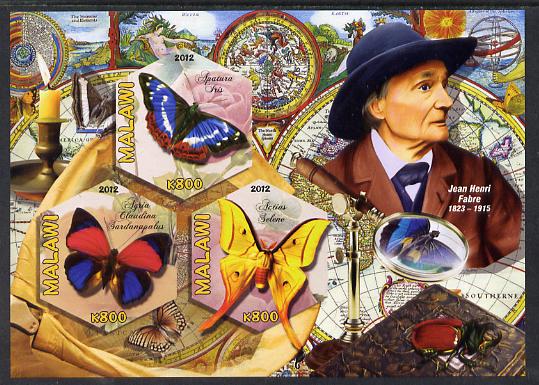 Malawi 2012 Butterflies & Entomologists - Jean Henri Fabre imperf sheetlet containing 3 hexagonal shaped values unmounted mint , stamps on personalities, stamps on butterflies, stamps on hexagonal, stamps on shaped, stamps on telescopes