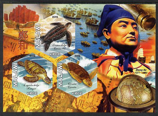 Malawi 2012 Zheng He imperf sheetlet containing 3 hexagonal shaped values unmounted mint , stamps on personalities, stamps on hexagonal, stamps on shaped, stamps on turtles, stamps on explorers, stamps on telescopes, stamps on globes
