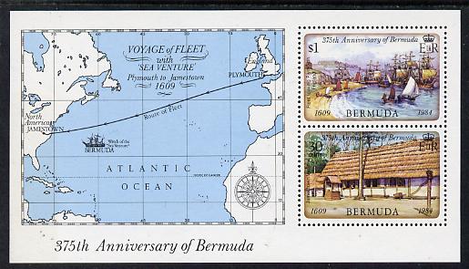 Bermuda 1984 375th Anniversary of First Settlement perf m/sheet unmounted mint, SG MS 477, stamps on , stamps on  stamps on settlers, stamps on  stamps on ships, stamps on  stamps on maps