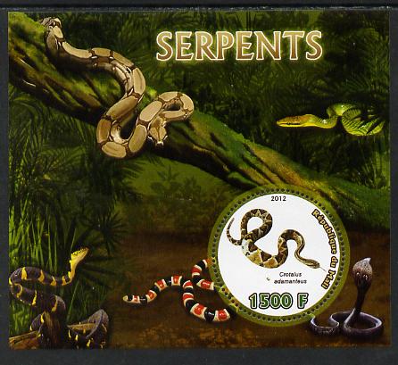 Mali 2012 Fauna - Snakes perf m/sheet containing 1500f circular value unmounted mint, stamps on snakes, stamps on reptiles, stamps on shaped