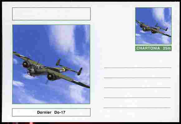 Chartonia (Fantasy) Aircraft - Dornier Do-17 postal stationery card unused and fine, stamps on transport, stamps on aviation, stamps on  ww2 , stamps on 