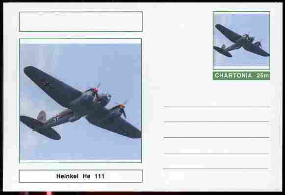 Chartonia (Fantasy) Aircraft - Heinkel He-111 postal stationery card unused and fine, stamps on , stamps on  stamps on transport, stamps on  stamps on aviation, stamps on  stamps on  ww2 , stamps on  stamps on 