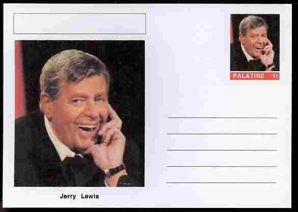 Palatine (Fantasy) Personalities - Jerry Lewis (comic actor) postal stationery card unused and fine, stamps on , stamps on  stamps on personalities, stamps on  stamps on films, stamps on  stamps on cinema, stamps on  stamps on movies, stamps on  stamps on comedy, stamps on  stamps on 