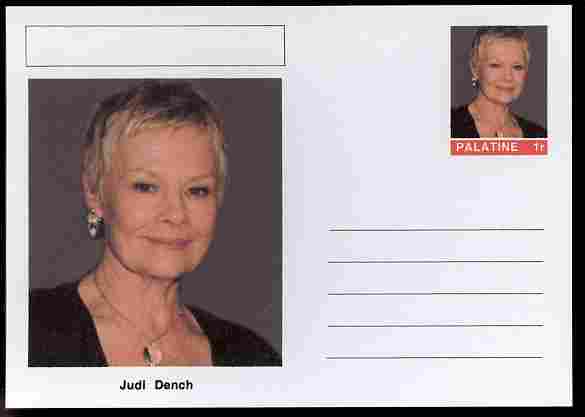 Palatine (Fantasy) Personalities - Judi Dench (actress) postal stationery card unused and fine, stamps on personalities, stamps on films, stamps on cinema, stamps on movies, stamps on women