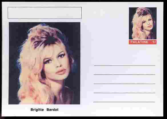 Palatine (Fantasy) Personalities - Brigitte Bardot (actress) postal stationery card unused and fine, stamps on , stamps on  stamps on personalities, stamps on  stamps on films, stamps on  stamps on cinema, stamps on  stamps on movies, stamps on  stamps on women