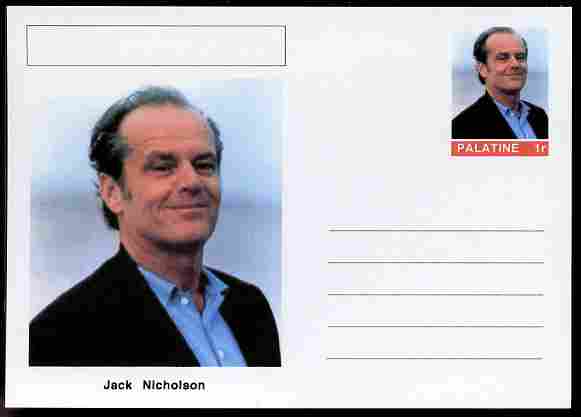 Palatine (Fantasy) Personalities - Jack Nicholson (comic actor) postal stationery card unused and fine, stamps on , stamps on  stamps on personalities, stamps on  stamps on films, stamps on  stamps on cinema, stamps on  stamps on movies, stamps on  stamps on comedy, stamps on  stamps on 