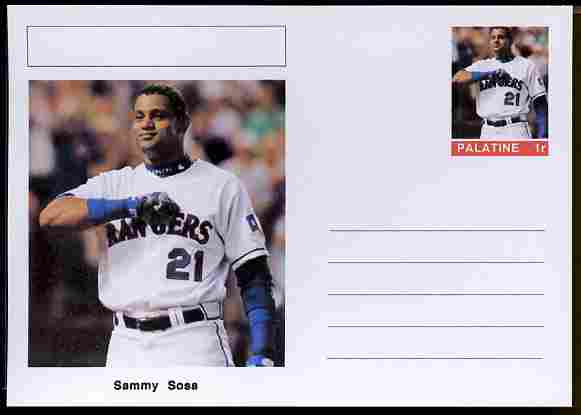 Palatine (Fantasy) Personalities - Sammy Sosa (baseball) postal stationery card unused and fine, stamps on personalities, stamps on sport, stamps on baseball