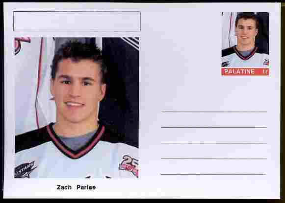 Palatine (Fantasy) Personalities - Zach Parise (ice hockey) postal stationery card unused and fine, stamps on personalities, stamps on sport, stamps on ice hockey, stamps on 