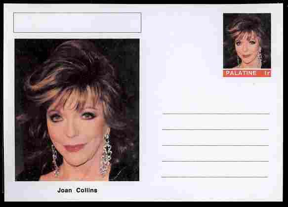 Palatine (Fantasy) Personalities - Joan Collins (actress) postal stationery card unused and fine, stamps on , stamps on  stamps on personalities, stamps on  stamps on films, stamps on  stamps on movies, stamps on  stamps on cinema, stamps on  stamps on women