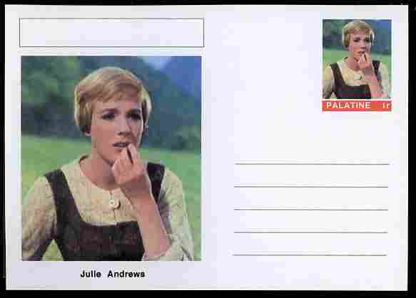 Palatine (Fantasy) Personalities - Julie Andrews (actress) postal stationery card unused and fine, stamps on , stamps on  stamps on personalities, stamps on  stamps on films, stamps on  stamps on movies, stamps on  stamps on cinema, stamps on  stamps on women, stamps on  stamps on music