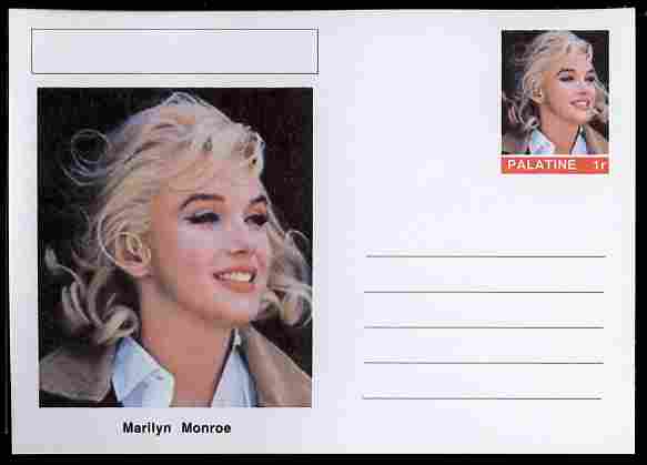 Palatine (Fantasy) Personalities - Marilyn Monroe (actress) postal stationery card unused and fine, stamps on , stamps on  stamps on personalities, stamps on  stamps on movies, stamps on  stamps on films, stamps on  stamps on cinema, stamps on  stamps on marilyn, stamps on  stamps on monroe, stamps on  stamps on women