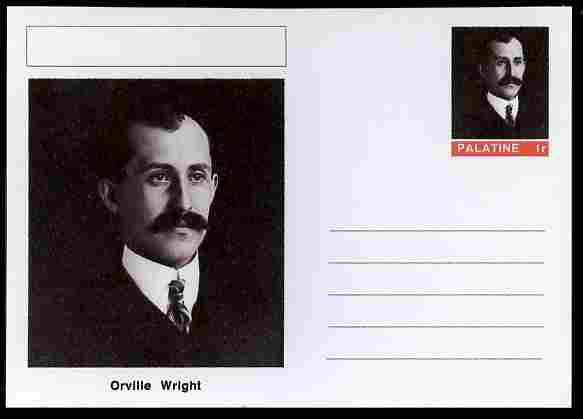 Palatine (Fantasy) Personalities - Orville Wright (aviation pioneer) postal stationery card unused and fine, stamps on , stamps on  stamps on personalities, stamps on  stamps on aviation, stamps on  stamps on 