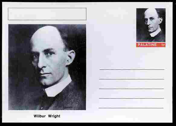 Palatine (Fantasy) Personalities - Wilbur Wright (aviation pioneer) postal stationery card unused and fine, stamps on , stamps on  stamps on personalities, stamps on  stamps on aviation, stamps on  stamps on 