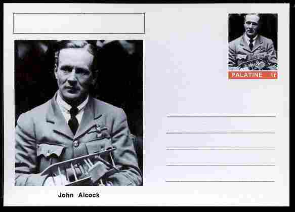 Palatine (Fantasy) Personalities - John Alcock (aviation pioneer) postal stationery card unused and fine, stamps on , stamps on  stamps on personalities, stamps on  stamps on aviation, stamps on  stamps on 