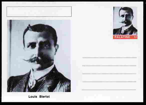 Palatine (Fantasy) Personalities - Louis Bleriot (aviation pioneer) postal stationery card unused and fine, stamps on , stamps on  stamps on personalities, stamps on  stamps on aviation, stamps on  stamps on 