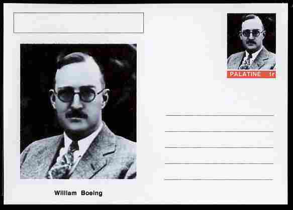 Palatine (Fantasy) Personalities - William Boeing (aviation pioneer) postal stationery card unused and fine, stamps on , stamps on  stamps on personalities, stamps on  stamps on aviation, stamps on  stamps on 