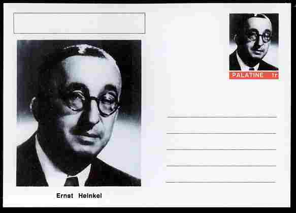 Palatine (Fantasy) Personalities - Ernst Heinkel (aviation pioneer) postal stationery card unused and fine, stamps on , stamps on  stamps on personalities, stamps on  stamps on aviation, stamps on  stamps on 