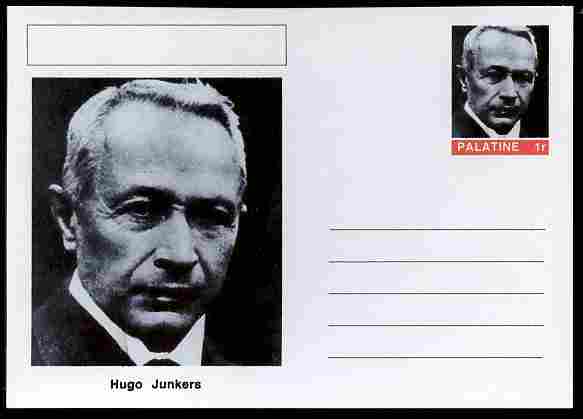 Palatine (Fantasy) Personalities - Hugo Junkers (aviation pioneer) postal stationery card unused and fine, stamps on , stamps on  stamps on personalities, stamps on  stamps on aviation, stamps on  stamps on 