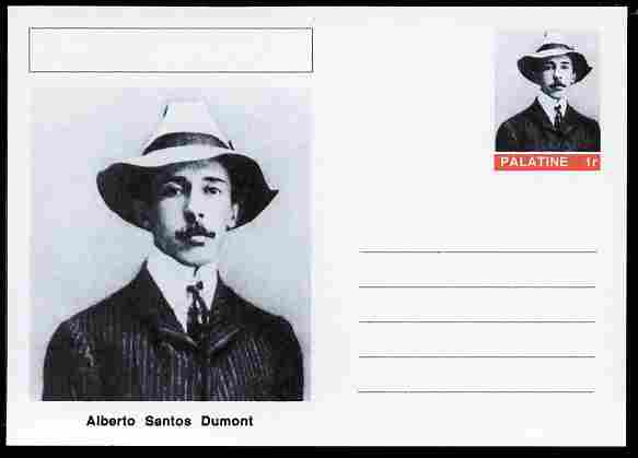 Palatine (Fantasy) Personalities - Alberto Santos Dumont (aviation pioneer) postal stationery card unused and fine, stamps on personalities, stamps on aviation, stamps on 