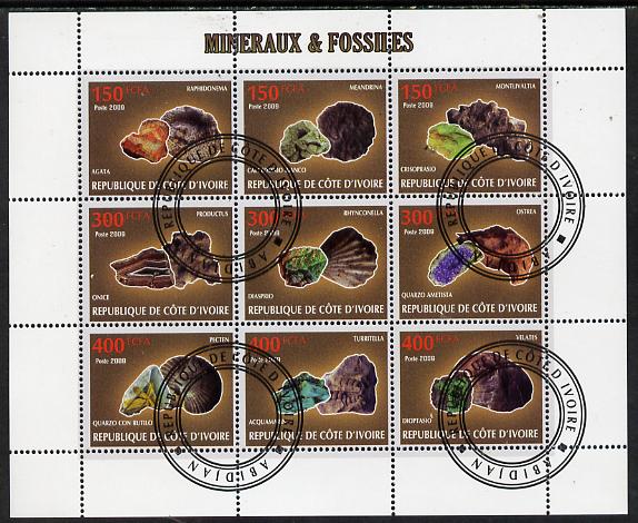 Ivory Coast 2009 Minerals & Fossils perf sheetlet containing 9 values fine cto used, stamps on minerals, stamps on fossils
