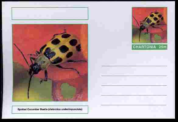 Chartonia (Fantasy) Insects - Spotted Cucumber Beetle (Diabrotica undecimpunctata) postal stationery card unused and fine, stamps on insects, stamps on beetles