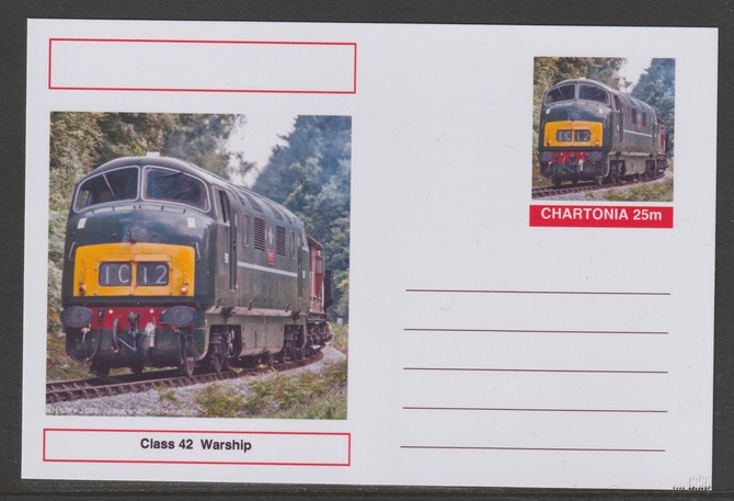 Chartonia (Fantasy) Railways - Class 42 Warship D832 Onslaught postal stationery card unused and fine, stamps on transport, stamps on railways