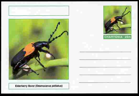 Chartonia (Fantasy) Insects - Elderberry Borer (Desmocerus palliatus) postal stationery card unused and fine, stamps on , stamps on  stamps on insects, stamps on  stamps on beetles