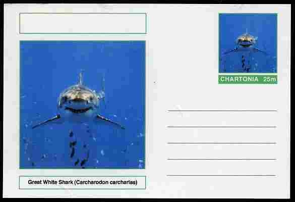 Chartonia (Fantasy) Fish - Great White Shark (Carcharodon carcharias) postal stationery card unused and fine, stamps on fish, stamps on sharks