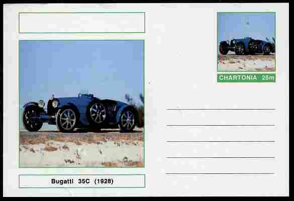 Chartonia (Fantasy) Cars - 1928 Bugatti 35C postal stationery card unused and fine, stamps on transport, stamps on cars, stamps on 
