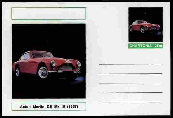 Chartonia (Fantasy) Cars - 1957 Aston Martin DB Mk III postal stationery card unused and fine, stamps on , stamps on  stamps on transport, stamps on  stamps on cars, stamps on  stamps on 