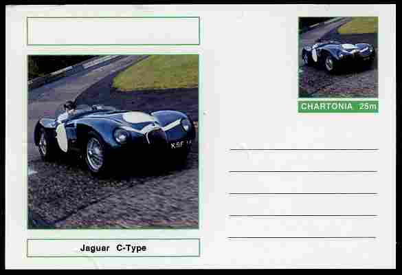 Chartonia (Fantasy) Cars - 1953 Jaguar C-Type postal stationery card unused and fine, stamps on transport, stamps on cars, stamps on jaguar
