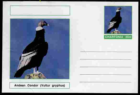 Chartonia (Fantasy) Birds - Andean Condor (Vultur gryphus) postal stationery card unused and fine, stamps on birds, stamps on birds of prey, stamps on 