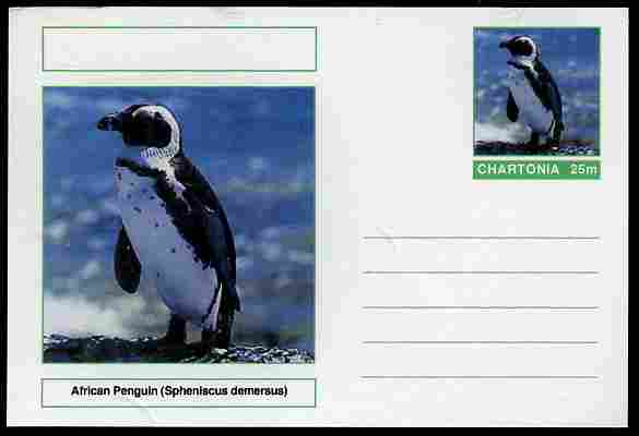 Chartonia (Fantasy) Birds - African Penguin (Spheniscus demersus) postal stationery card unused and fine, stamps on , stamps on  stamps on birds, stamps on  stamps on penguins