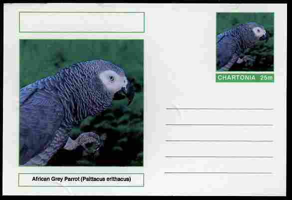 Chartonia (Fantasy) Birds - African Grey Parrot (Psittacus erithacus) postal stationery card unused and fine, stamps on birds, stamps on parrots