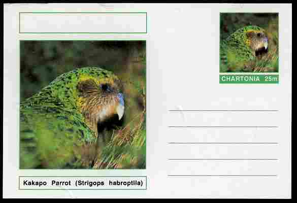 Chartonia (Fantasy) Birds - Kakapo Parrot (Strigops habroptila) postal stationery card unused and fine, stamps on , stamps on  stamps on birds, stamps on  stamps on parrots