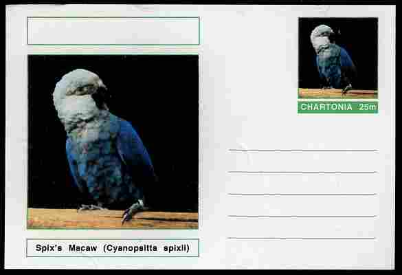 Chartonia (Fantasy) Birds - SpixD5s Macaw (Cyanopsitta spixii) postal stationery card unused and fine, stamps on , stamps on  stamps on birds, stamps on  stamps on parrots