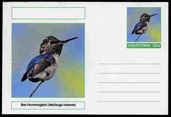 Chartonia (Fantasy) Birds - Bee Hummingbird (Mellisuga helenae) postal stationery card unused and fine, stamps on , stamps on  stamps on birds, stamps on  stamps on hummingbirds