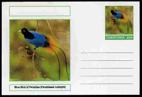 Chartonia (Fantasy) Birds - Blue Bird of Paradise (Paradisaea rudolphi) postal stationery card unused and fine, stamps on , stamps on  stamps on birds, stamps on  stamps on 