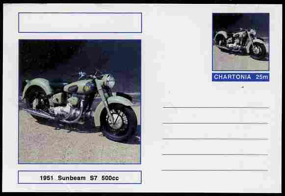 Chartonia (Fantasy) Motorcycles - 1951 Sunbeam S7 postal stationery card unused and fine, stamps on transport, stamps on motorbikes, stamps on 