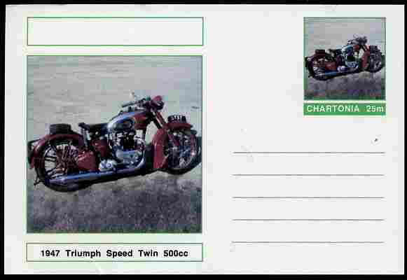 Chartonia (Fantasy) Motorcycles - 1959 Triumph Speed Twin postal stationery card unused and fine, stamps on , stamps on  stamps on transport, stamps on  stamps on motorbikes, stamps on  stamps on 