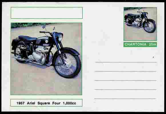 Chartonia (Fantasy) Motorcycles - 1957 Ariel Square Four postal stationery card unused and fine, stamps on , stamps on  stamps on transport, stamps on  stamps on motorbikes, stamps on  stamps on 