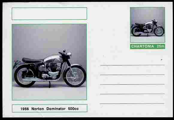 Chartonia (Fantasy) Motorcycles - 1956 Norton Dominator postal stationery card unused and fine, stamps on transport, stamps on motorbikes, stamps on 