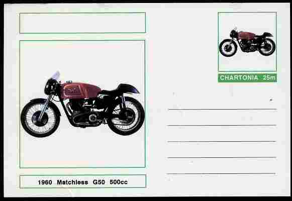 Chartonia (Fantasy) Motorcycles - 1960 Matchless G50 postal stationery card unused and fine, stamps on , stamps on  stamps on transport, stamps on  stamps on motorbikes, stamps on  stamps on 