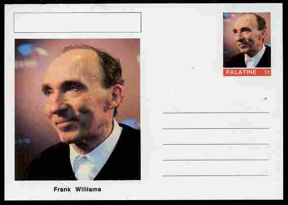 Palatine (Fantasy) Personalities - Frank Williams (FI) postal stationery card unused and fine, stamps on personalities, stamps on sport, stamps on formula 1, stamps on  f1 , stamps on cars