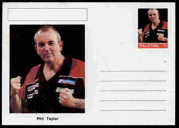 Palatine (Fantasy) Personalities - Phil Taylor (darts) postal stationery card unused and fine, stamps on personalities, stamps on sport, stamps on darts