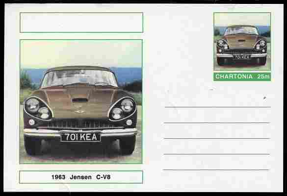 Chartonia (Fantasy) Cars - 1963 Jensen C-V8 postal stationery card unused and fine, stamps on , stamps on  stamps on transport, stamps on  stamps on cars, stamps on  stamps on jensen