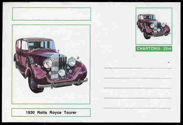 Chartonia (Fantasy) Cars - 1930 Rolls Royce Tourer postal stationery card unused and fine, stamps on , stamps on  stamps on transport, stamps on  stamps on cars, stamps on  stamps on rolls royce