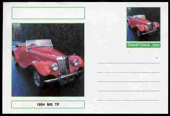 Chartonia (Fantasy) Cars - 1954 MG TF postal stationery card unused and fine, stamps on transport, stamps on cars, stamps on  mg , stamps on 
