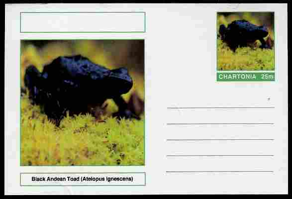 Chartonia (Fantasy) Amphibians - Black Andean Toad (Atelopus ignescens) postal stationery card unused and fine, stamps on , stamps on  stamps on amphibians, stamps on  stamps on frogs, stamps on  stamps on toads